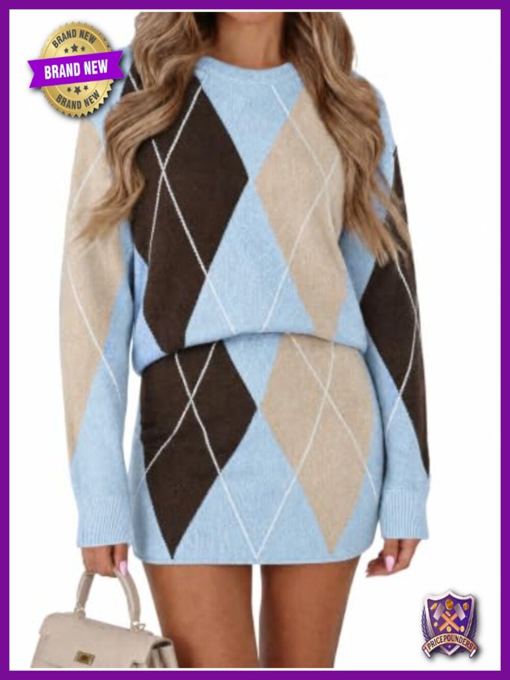 Womens 2 Piece Sweater Skirt Set Argyle Knit Plaid Mini Skirt